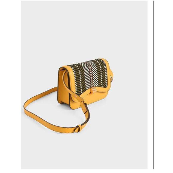 Charles & Keith Faux Leather  Woven Fabric Crossbody Mustard Yellow Small Purse - Picture 4 of 15